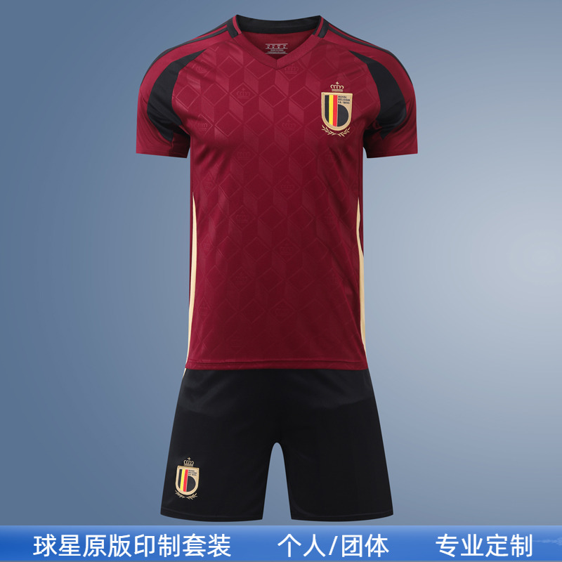 欧洲杯2425比利时新款短袖套装阿扎尔足球服成人儿童定制球衣队服