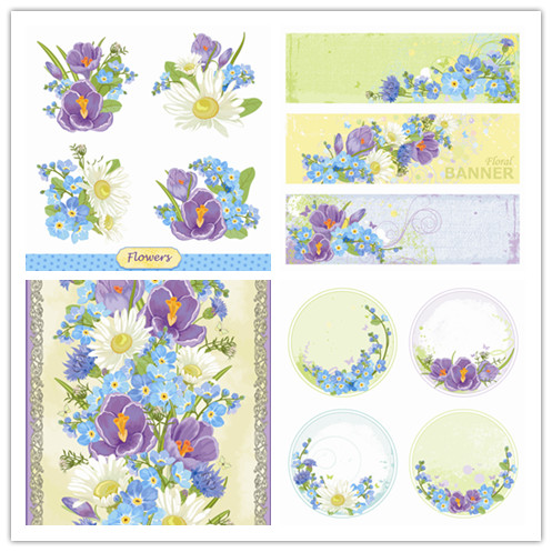 矢量设计素材 清新蓝色紫色花朵图案花卉背景横幅圆形带状 EPS 4P