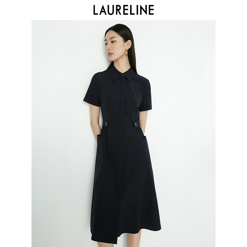 LAURELINE/洛瑞琳短袖连衣裙夏季新款收腰显瘦高级感长款小黑裙女