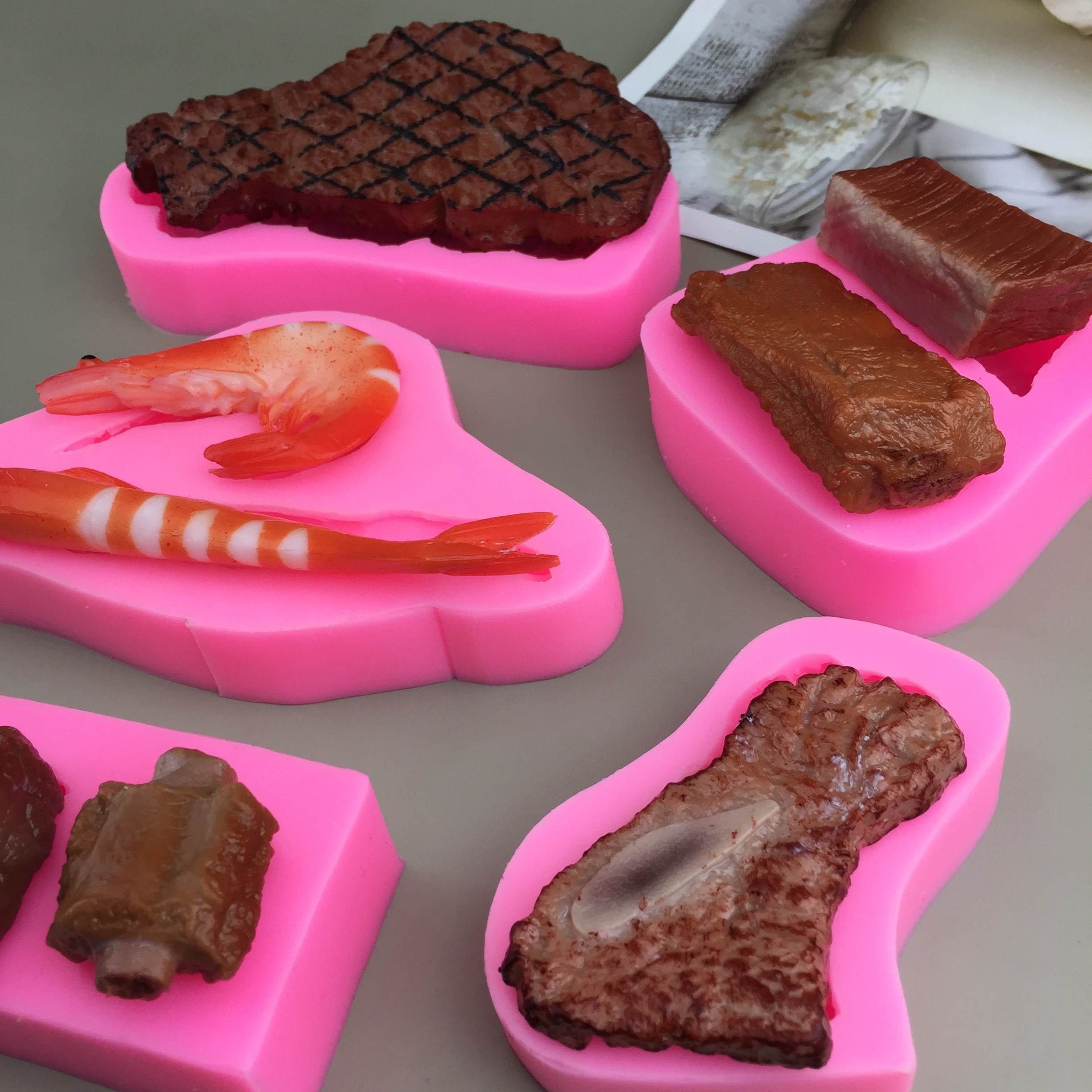 创意逼真排骨牛排虾造型滴胶石膏翻糖手工DIY硅胶捏捏巧克力模具