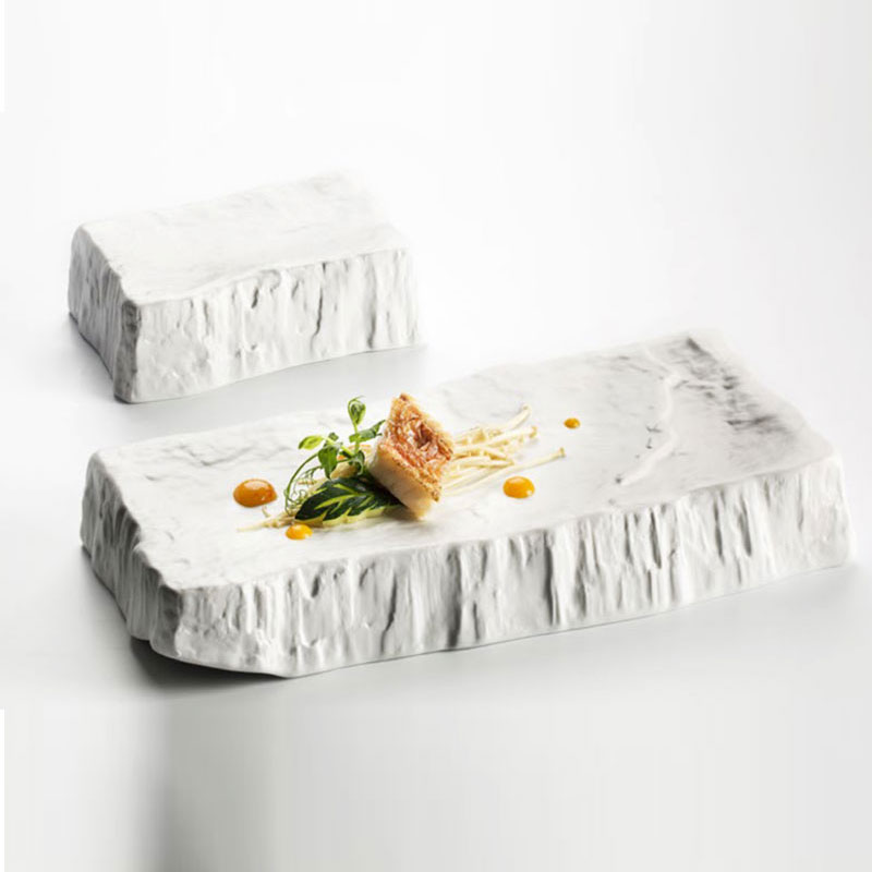 餐厅创意纯色长方形造型凉热菜摆盘仿石纹异形平盘分子料理餐具