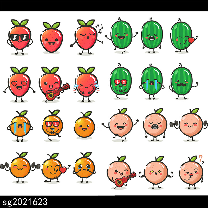 卡通水果表情包西瓜橘子草莓蔬菜橙子梨ai矢量动画制作插画an/fla