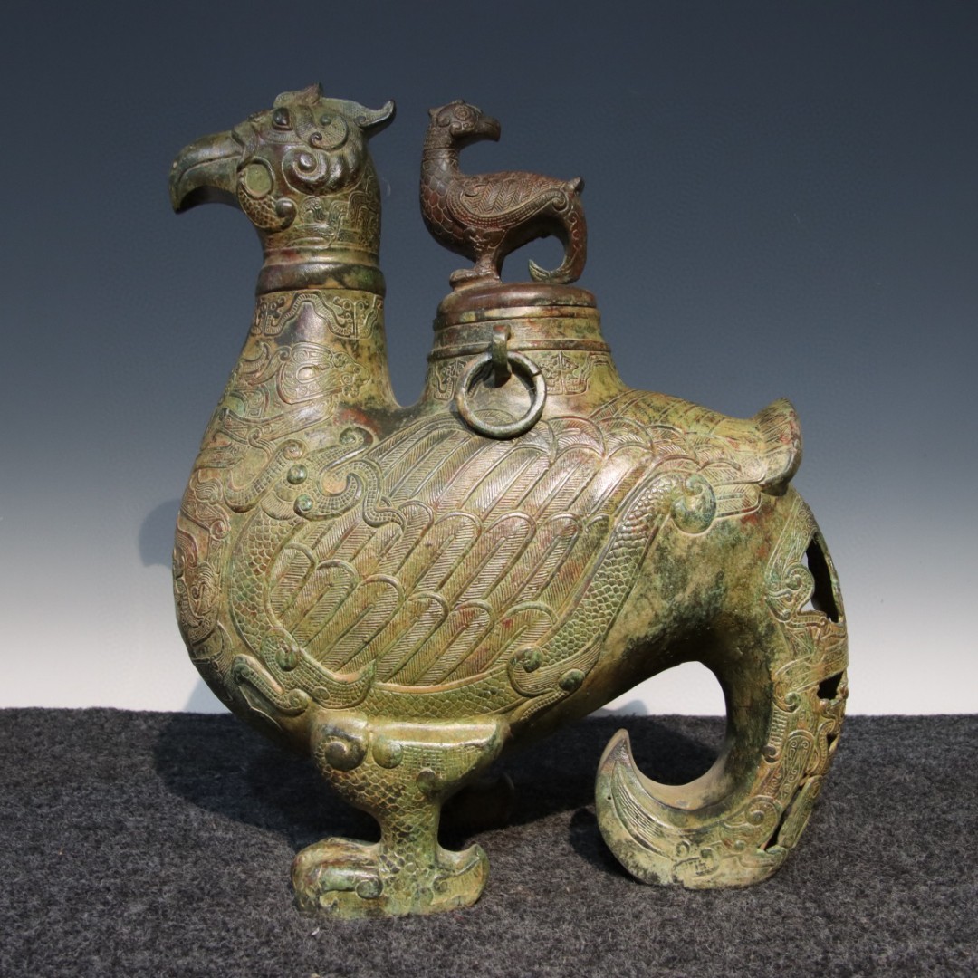 青铜器自然包浆商代鸟形尊动物造型铜器摆件古玩收藏品雅琦阁