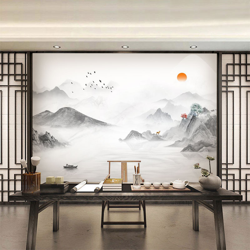 5d新中式电视背景墙壁纸家用客厅山水画墙纸壁布影视墙布水墨壁画