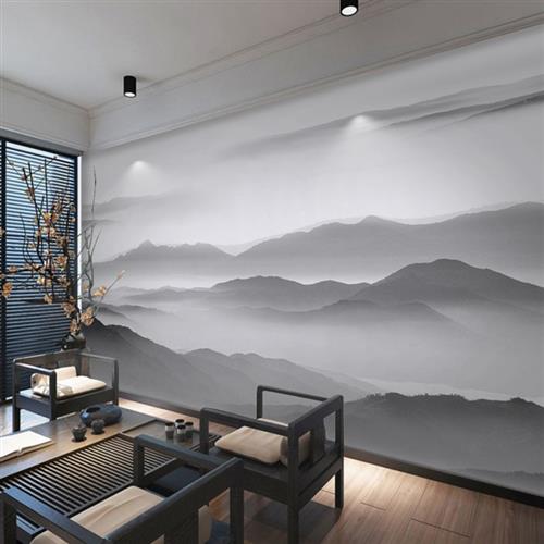 3d新中式水墨画山水电视背景墙壁纸客厅沙发装饰壁画茶室酒店墙布