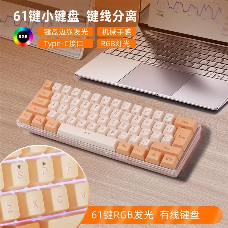 61键K401拼色键帽机械手感键盘RGB灯通用电竞游戏办公有线键盘