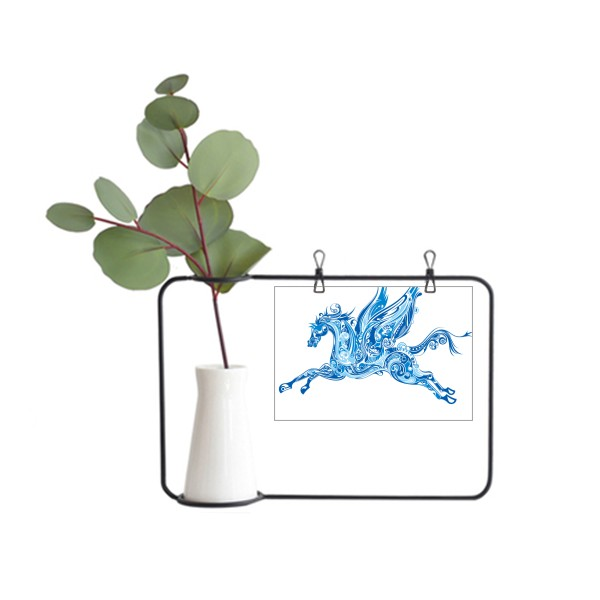 蓝色翅膀马动物艺术纹理插画图案金属相框陶瓷花瓶装饰