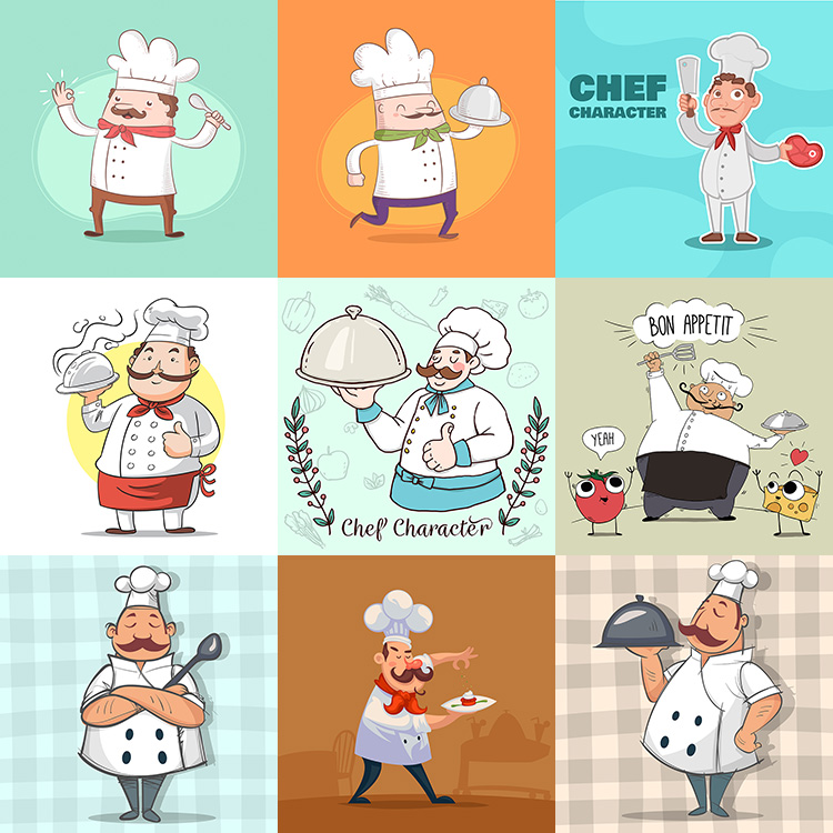 扁平化厨师插画AI矢量素材 卡通大厨职业人物形象海报 设计素材
