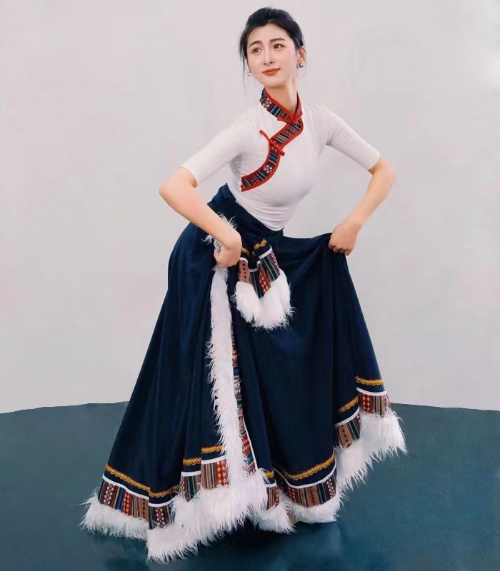 藏族舞蹈服练习裙半身裙大学生藏族班服艺考学生服装套装民族风格