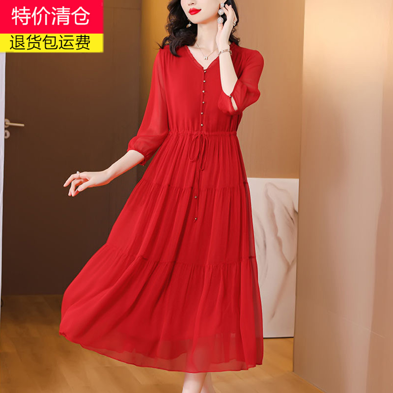 高档连衣裙新款2024桑蚕丝夏季仙女气质宽松显瘦红色重磅真丝裙子