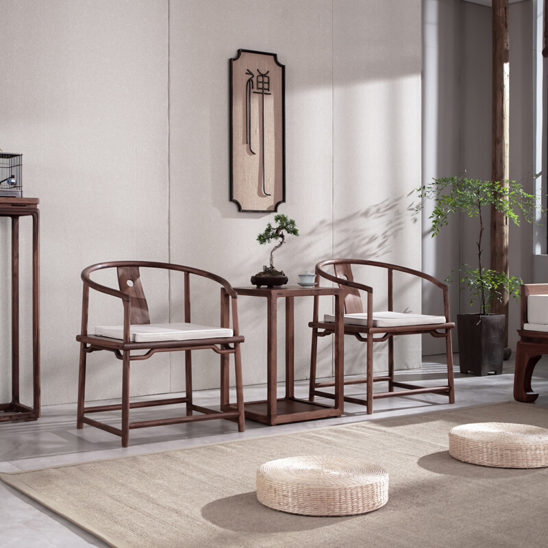 新中式黑胡桃木实木榫卯结构主椅客椅仿古明式禅意圈椅三件套茶椅