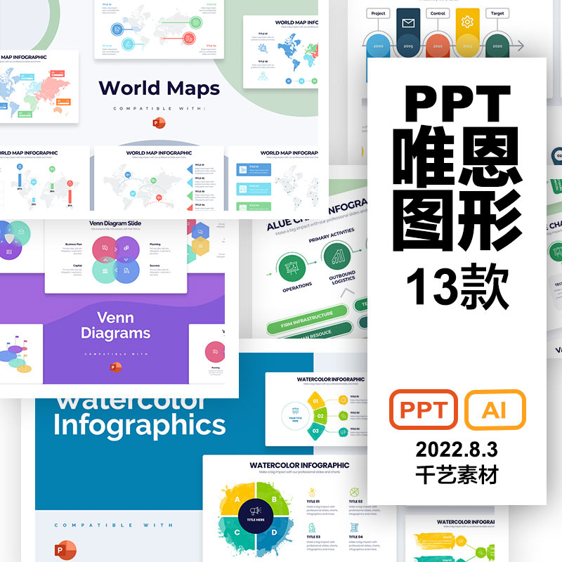 新款数据图形可视化图表时间轴结构地图 PPT模板ai图表素材下载