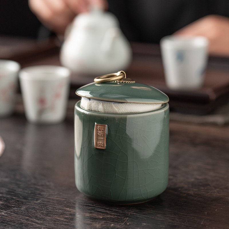 哥窑茶叶罐家用茶饼收纳盒茶叶防潮储存罐陶瓷密封罐便携式茶叶盒
