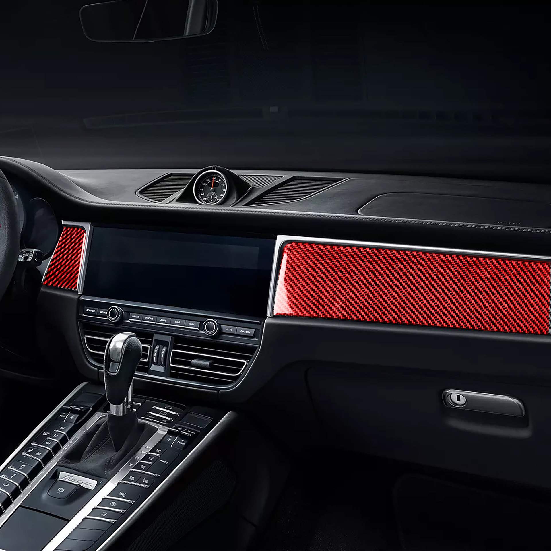 适用保时捷macan红色碳纤维中控仪表贴中控面板汽车内饰改装配件