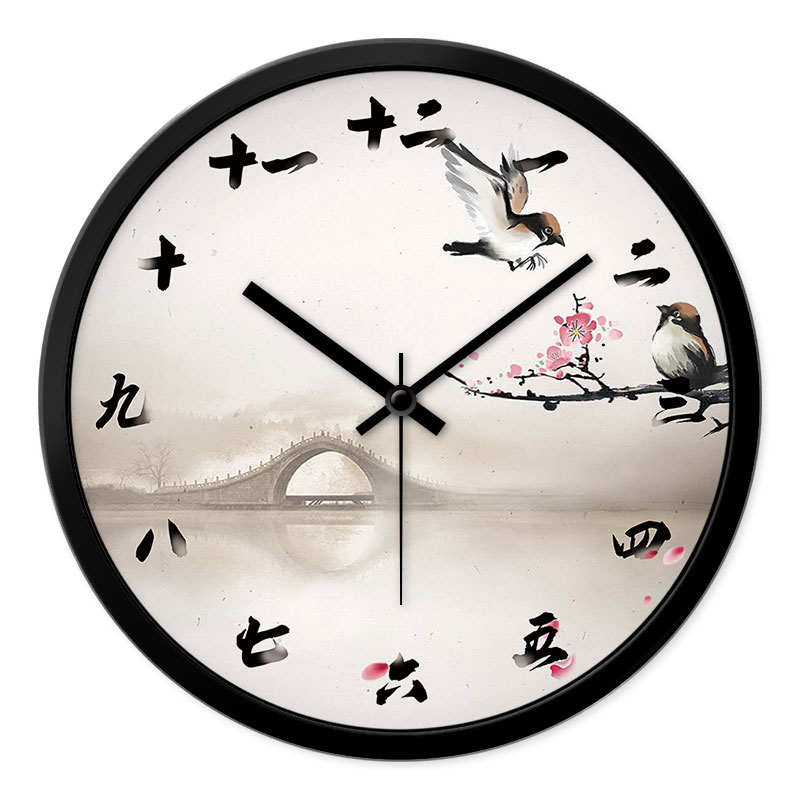 摩门中国风挂钟国画花鸟图案客厅书房创意静音艺术时钟石英钟表