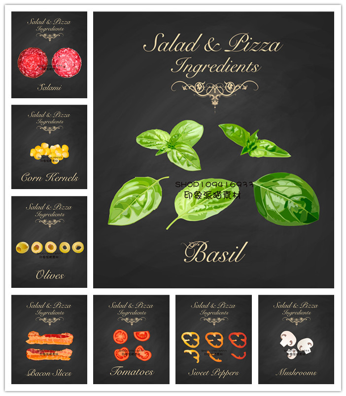 A0039矢量AI设计素材 黑板粉笔披萨蔬菜蘑菇香草橄榄配料海报图