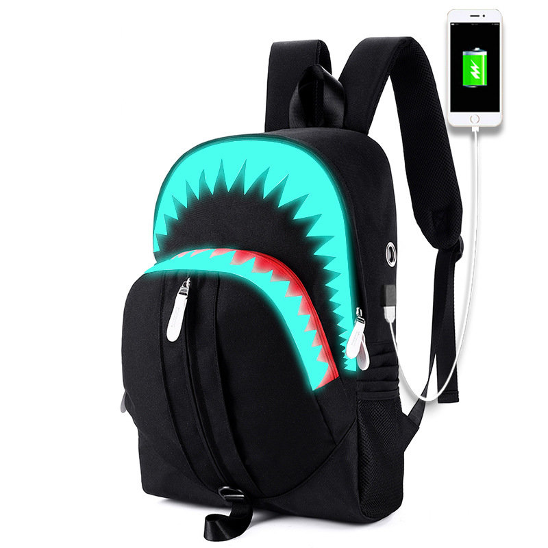 夜光双肩包男大口鲨鱼USB功能背包学生书包个性潮款广州厂家