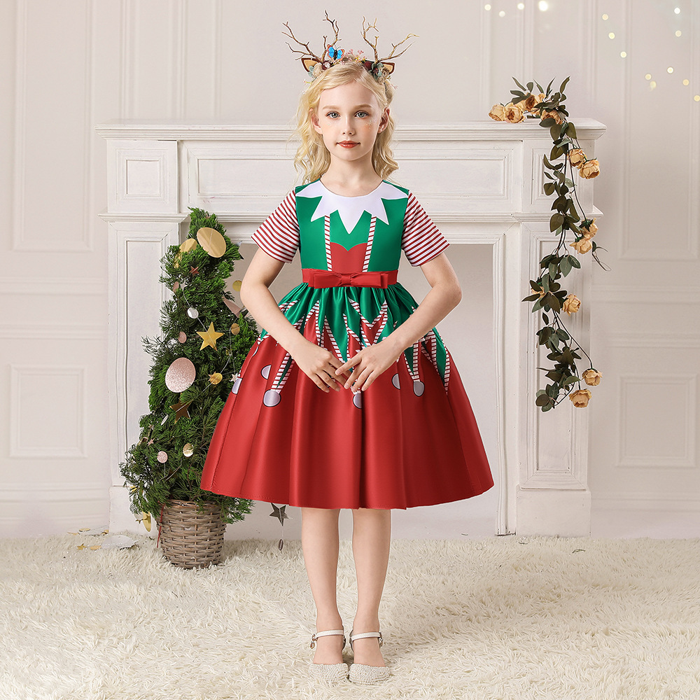 亚马逊儿童圣诞礼服公主裙 女童拼色锻布蓬蓬裙万圣节节日演出服