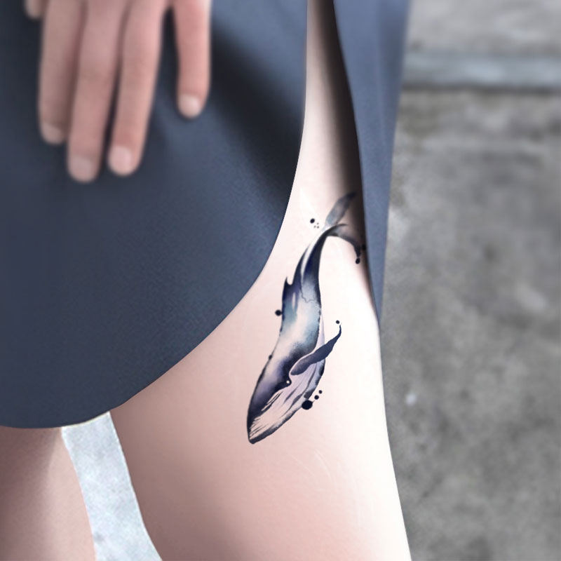 墨印记黑鲸鱼原创纹身贴防水水墨男女持久手臂单色清新手绘锁骨
