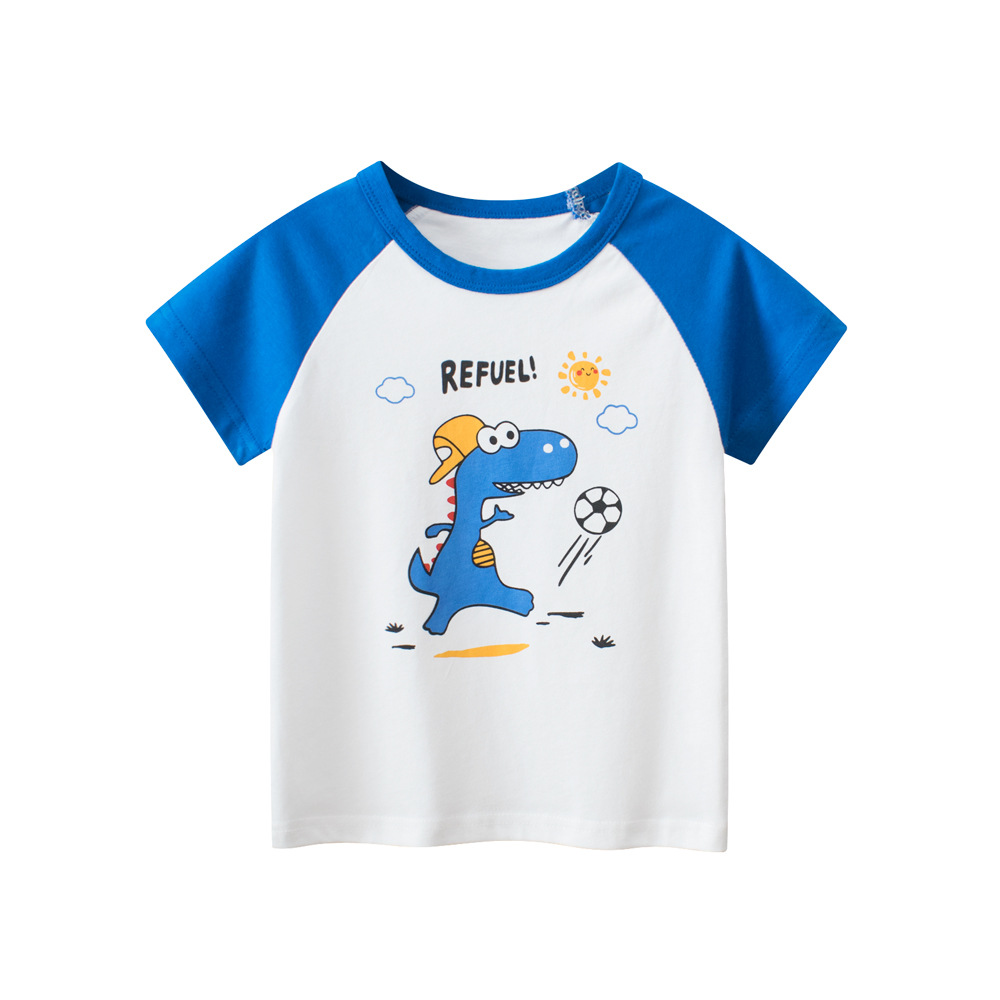 27kids卡通儿童短袖t恤夏季新品 韩版童装衣服 戴帽恐龙足球英文