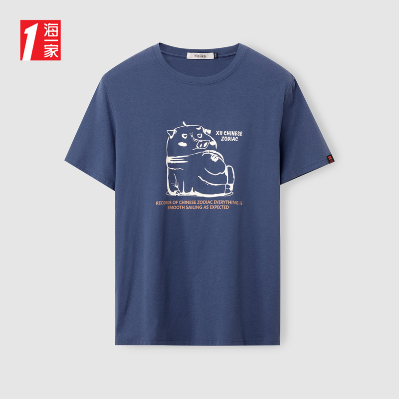 海一家舒适短T2024年夏季新款动物印花经典圆领男士短袖T恤