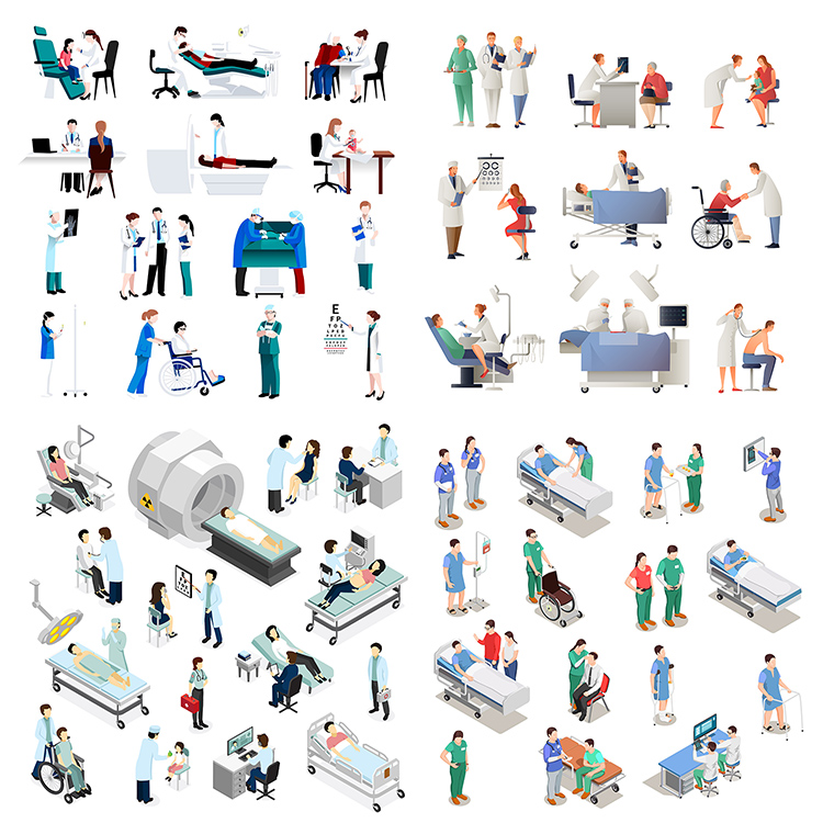 扁平化医院场景人物 卡通医疗治疗康复场景 AI格式矢量设计素材