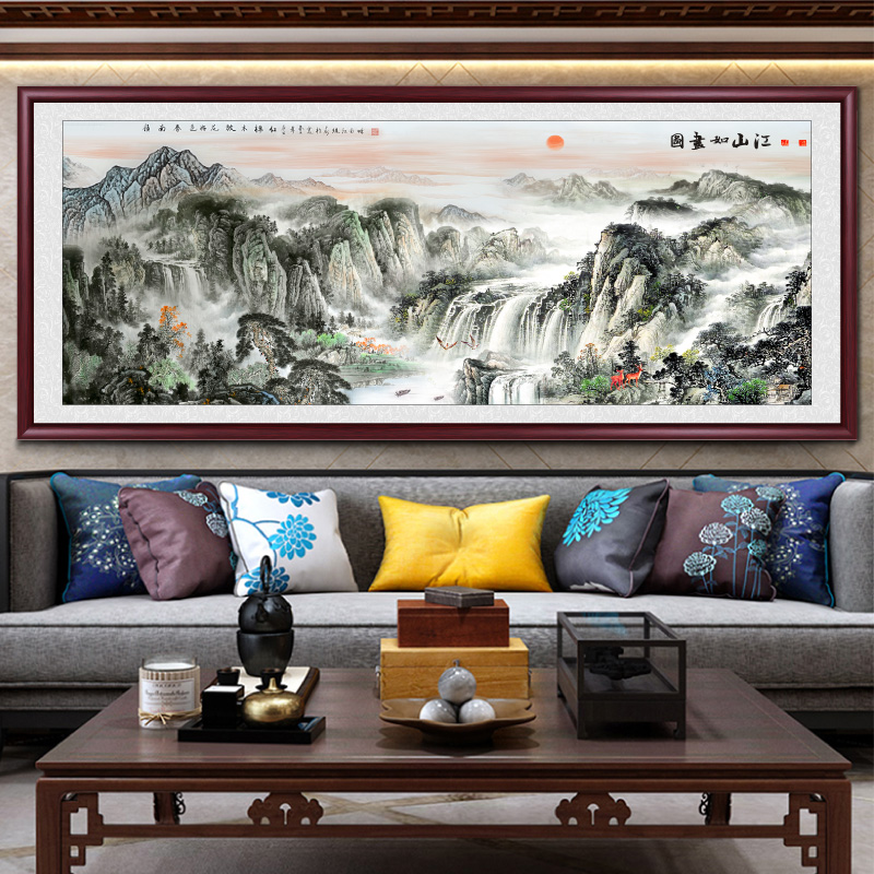 江山如画国画客厅挂画沙发背景墙山水画装饰画办公室背有靠山壁画