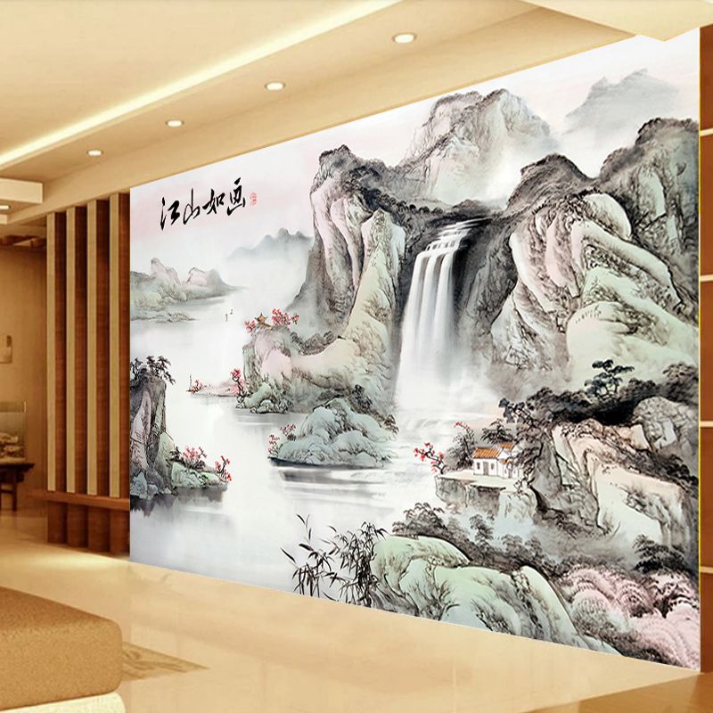中式古典山水画电视背景墙纸客厅影壁墙壁画江山如画壁纸墙布壁布