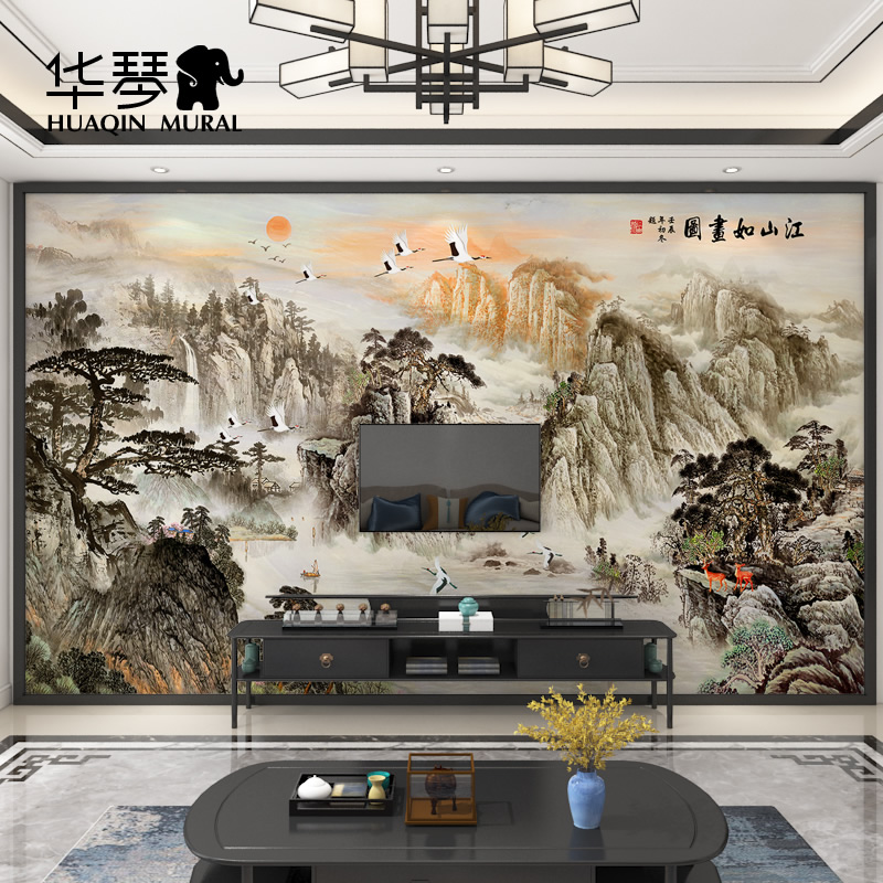 新中式古典水墨大气国画江山如画电视背景墙壁纸客厅沙发墙纸墙布