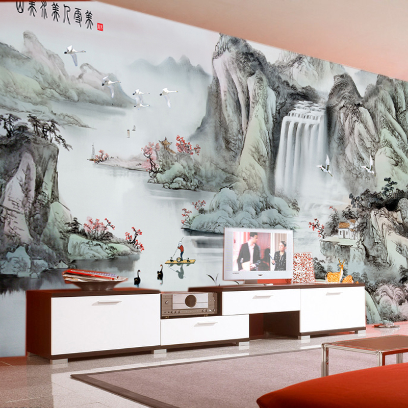 电视沙发卧室背景墙纸壁纸中式山水江山如画国画定制无缝瀑布壁画