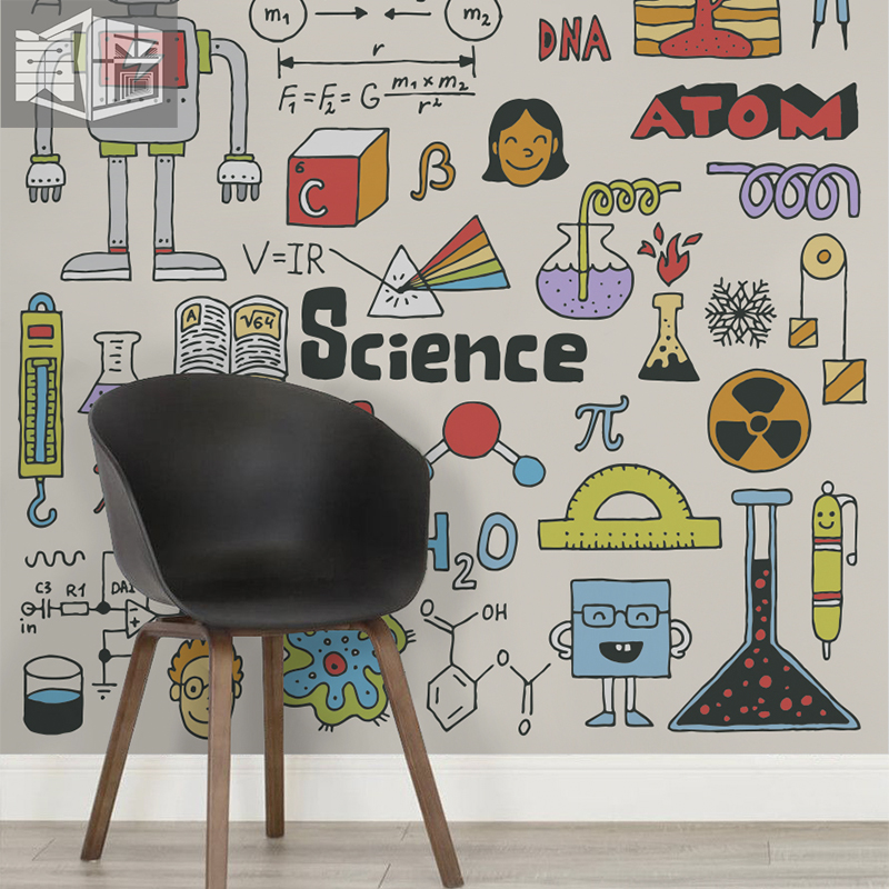 科学元素插画壁纸 STEM创客中心墙纸 数理化实习班定制壁画