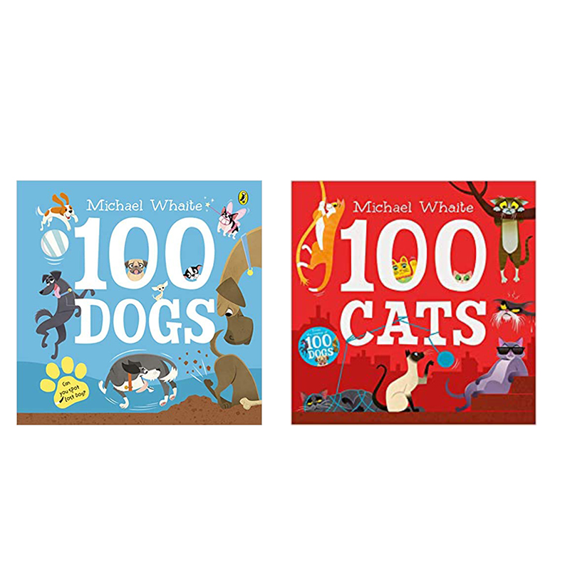 英文原版Michael Whaite动物主题纸板书2册100 Cats猫/100 Dogs狗 幼儿英语启蒙绘本 亲子共读动物图画书故事书 宝宝撕不烂纸板书