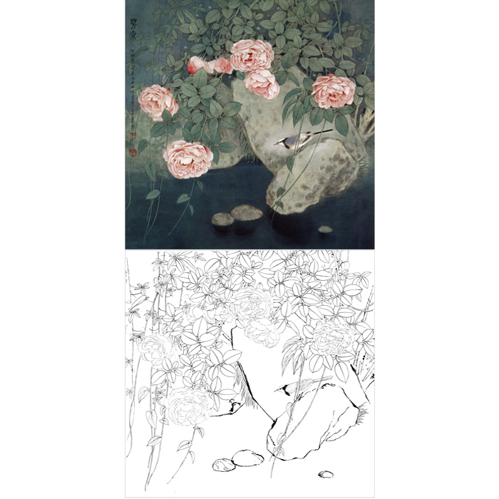 工笔画玫瑰月季蔷薇花鸟画白描底稿国画临摹勾线练习线描画打印稿