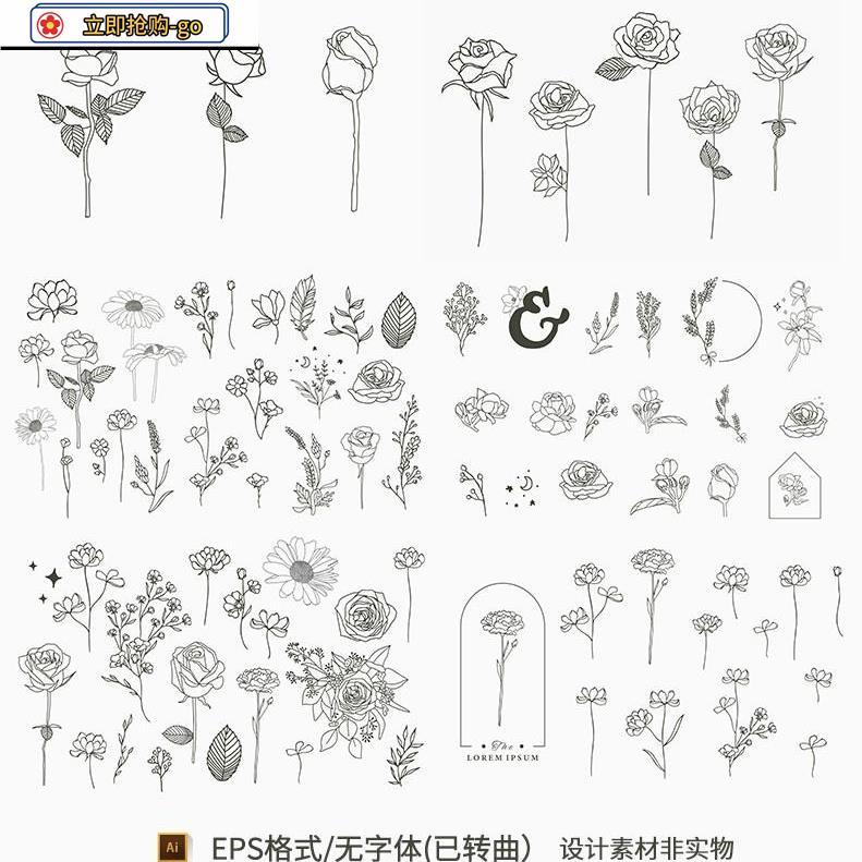 黑白手绘玫瑰花卉线描花卉植物花朵线稿婚礼装饰画AI矢量素材素材