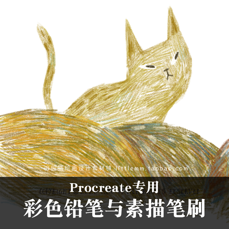 Procreate彩色铅笔插画笔刷ipad手绘素描线稿设计素材猫一新品