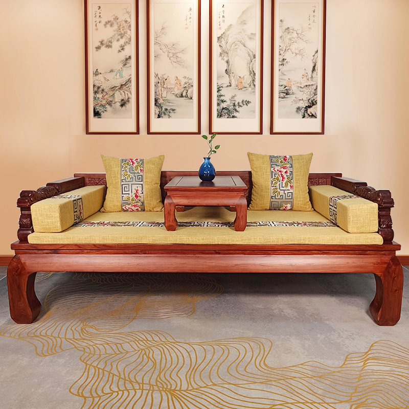 罗汉床老榆木全实木雕刻麒麟图案多功能单人沙发床客厅家具