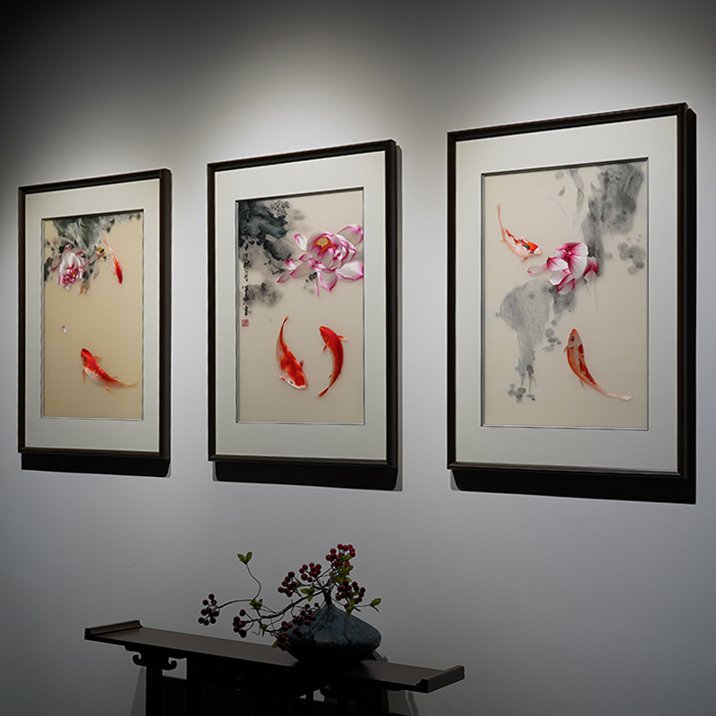 中式三联苏绣年年有鱼莲香图刺绣画玄关餐厅办公客厅沙发墙装饰画