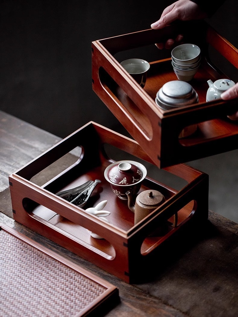 玲珑茶具收纳盒新中式手工竹编多宝盒多功能乾隆杯架壶架茶柜茶台