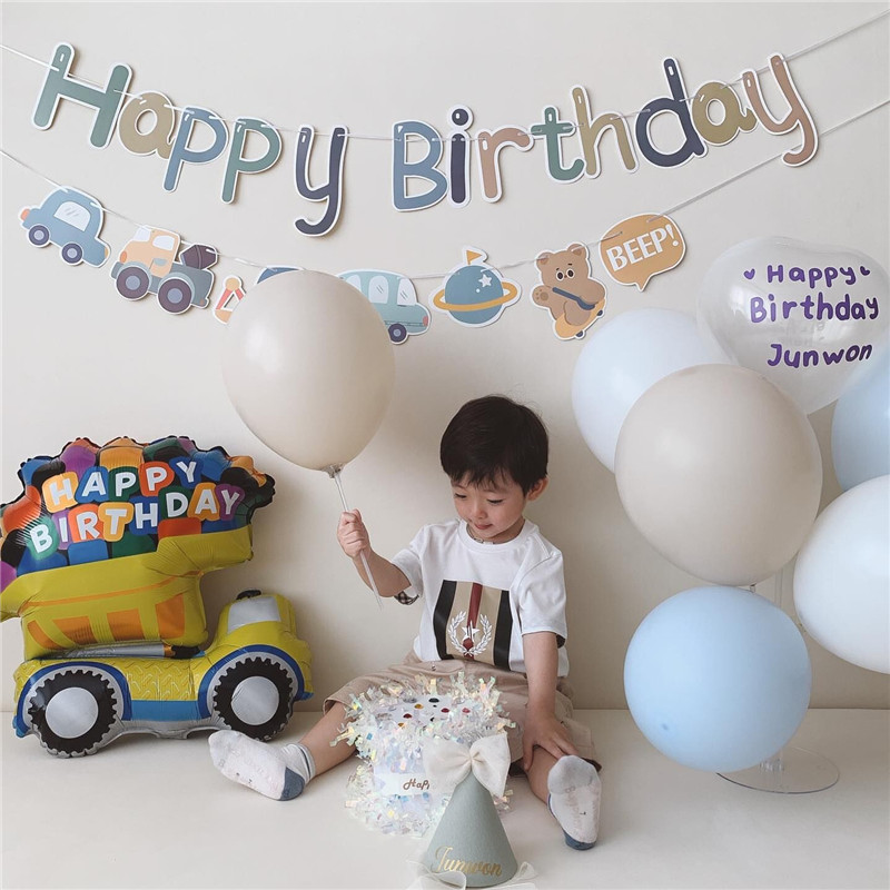 男孩生日周岁背景墙布置卡通小汽车拉旗蓝色气球地飘儿童派对装饰