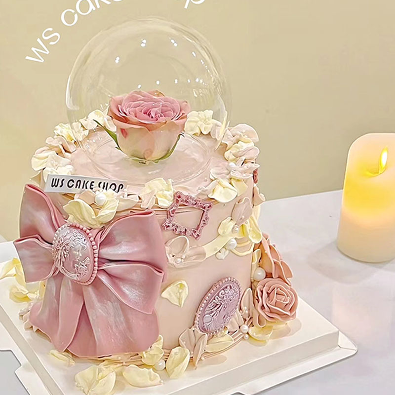 鲜花仙女蛋糕玻璃罩玫瑰装饰品欧式头像镜框蝴蝶结摆件氛围感蛋糕