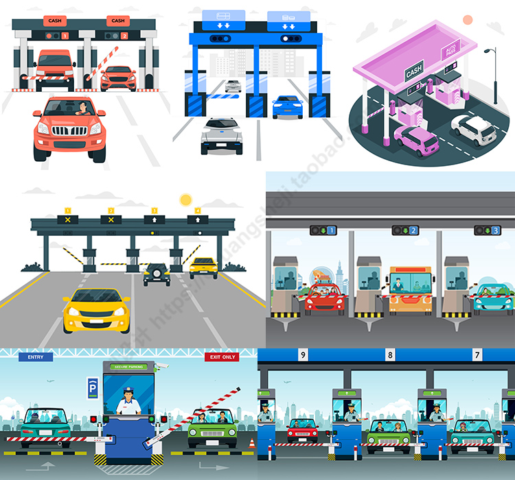高速公路收费站 扁平化卡通车辆通行闸口插画 AI格式矢量设计素材