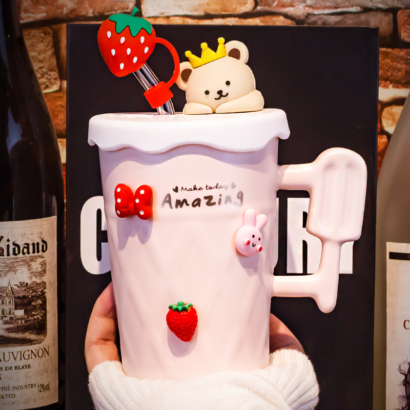 杯子马克杯带盖勺女生热销榜高颜值可爱情侣陶瓷咖啡小熊一对水果