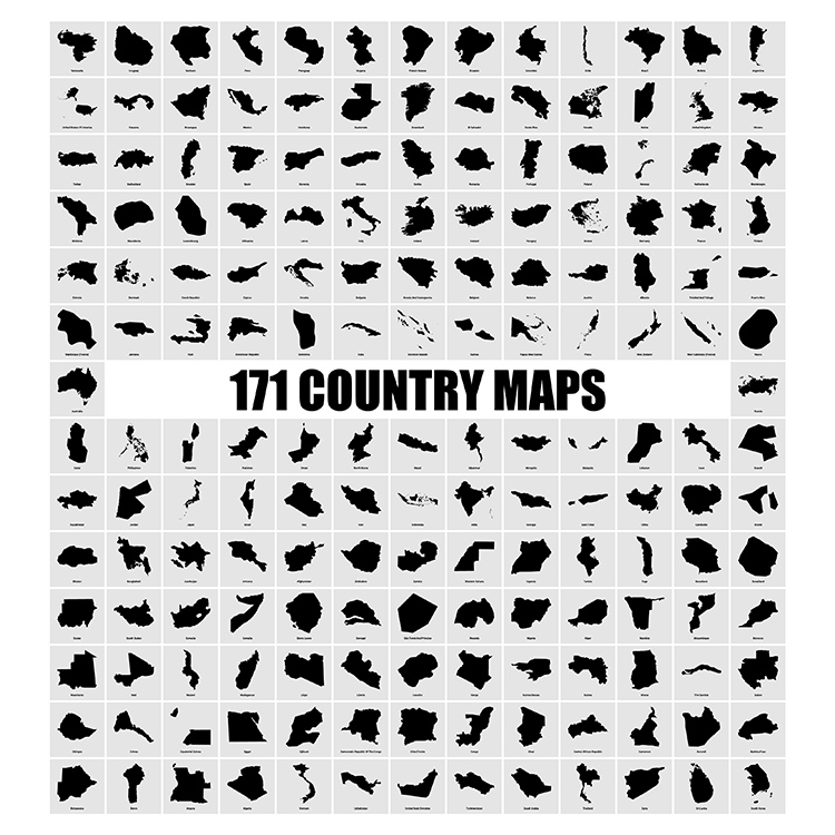 171个国家地图剪影 简单空白地图轮廓图标 AI格式矢量设计素材