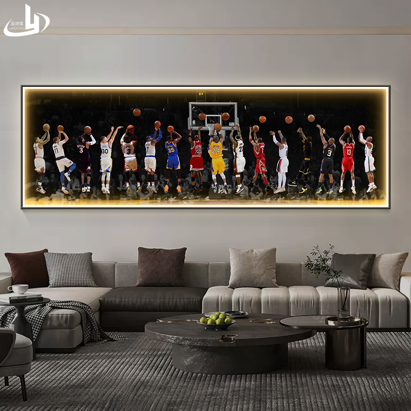 NBA众星投篮客厅装饰画科比LED灯篮球主题全明星挂画男孩卧室壁画