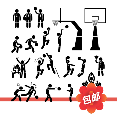 卡通篮球运动员人物投篮动作墙贴画俱乐部玻璃镂空装饰背景墙贴纸