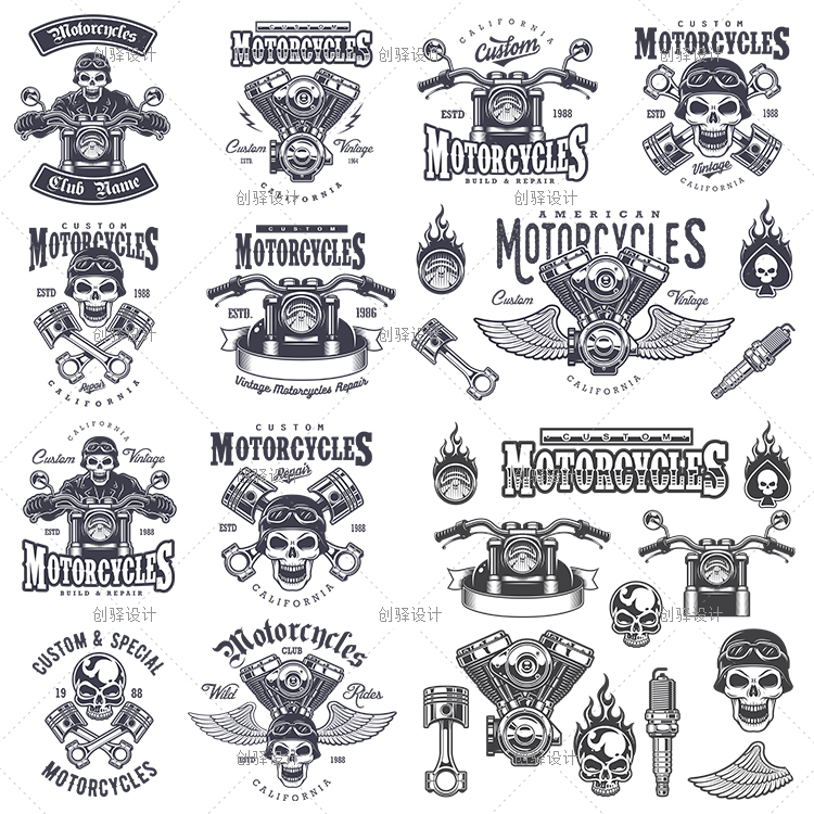 LO15黑白机车摩托车骷髅头logo纹身刺青图标psd分层矢量设计素材