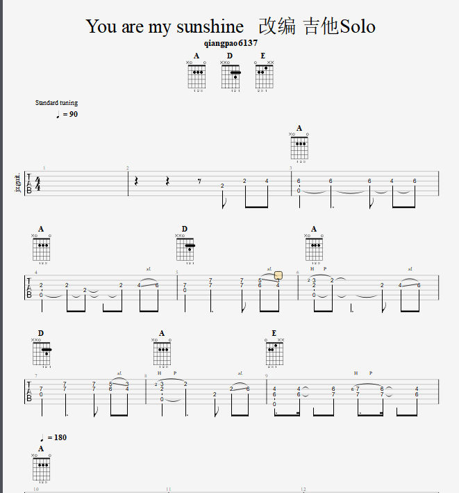 世界名曲 You are my sunshine  改编吉他Solo电子版 伴奏谱视频