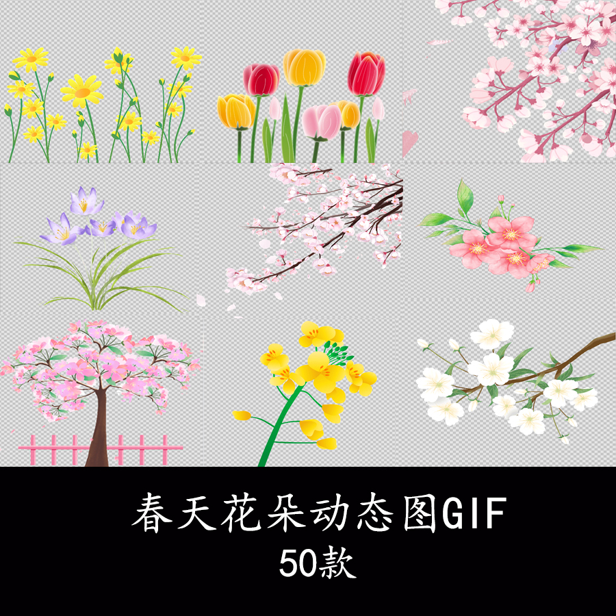 春天花丛花朵植物漂浮动态图春天花枝树干花开开花特写GIF动态图