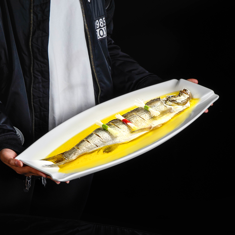 酒店特色餐具28英寸纯白超大号陶瓷鱼盘长江白鱼鲥鱼专用翘边盘子