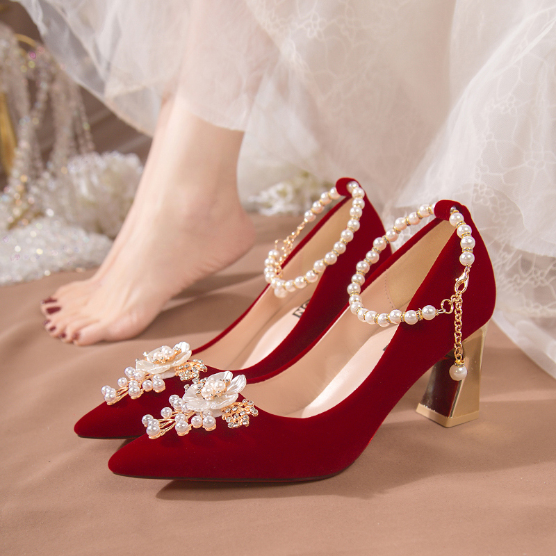 婚鞋女2023年新款中式红色细跟高跟鞋秀禾婚纱两穿不累脚新娘鞋